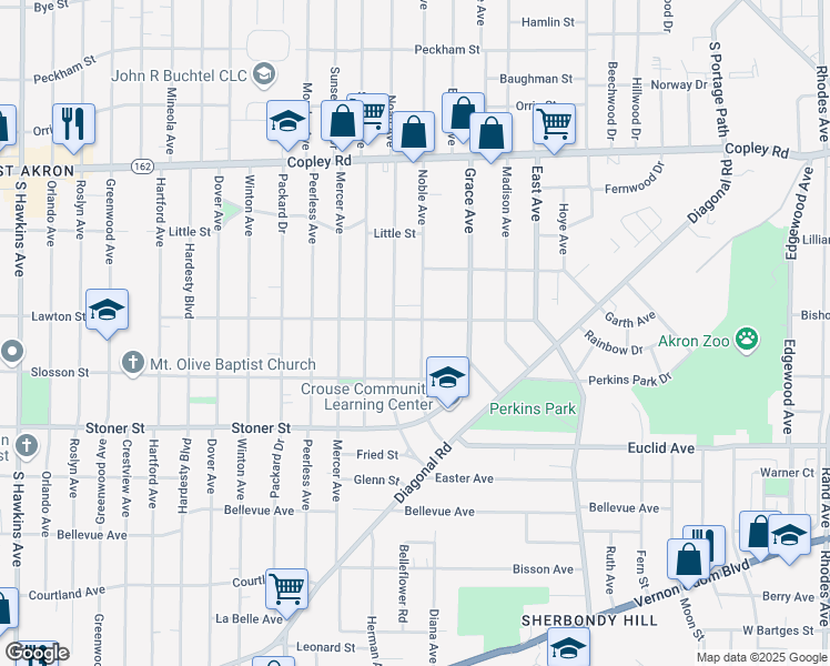 map of restaurants, bars, coffee shops, grocery stores, and more near 672 Noble Avenue in Akron