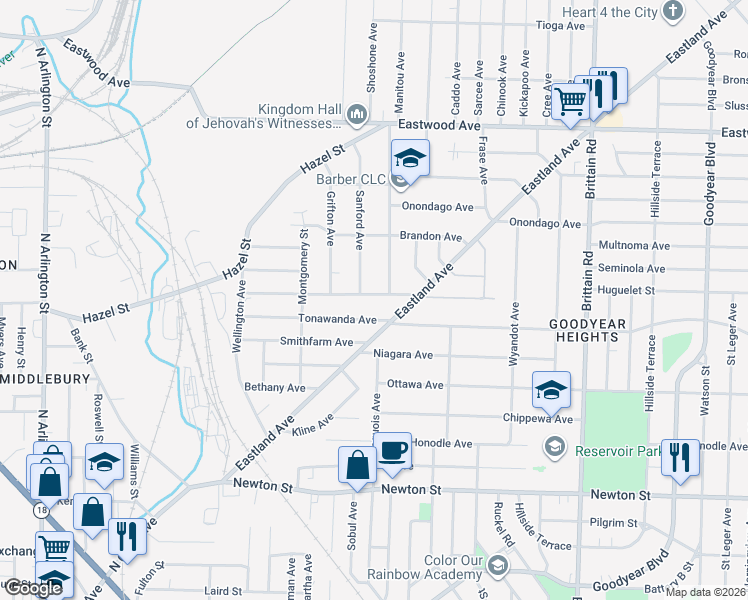 map of restaurants, bars, coffee shops, grocery stores, and more near 1240 Arnold Avenue in Akron
