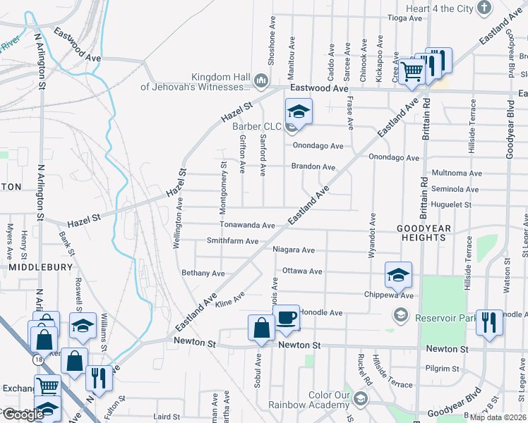 map of restaurants, bars, coffee shops, grocery stores, and more near 1224 Arnold Avenue in Akron