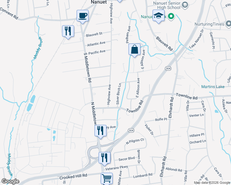 map of restaurants, bars, coffee shops, grocery stores, and more near 29 Silver Birch Lane in Pearl River