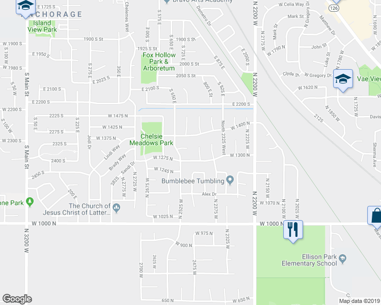 map of restaurants, bars, coffee shops, grocery stores, and more near 2472 West 1275 North in Layton