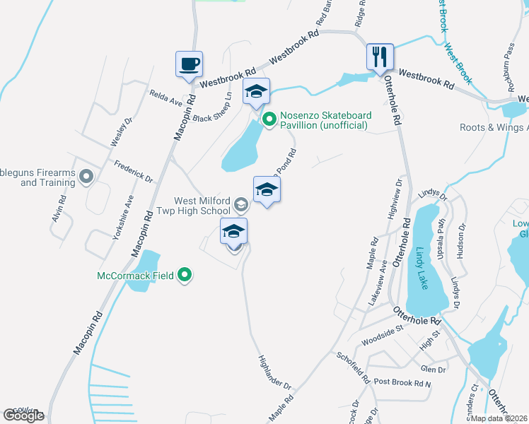 map of restaurants, bars, coffee shops, grocery stores, and more near 54 Nosenzo Pond Rd in West Milford