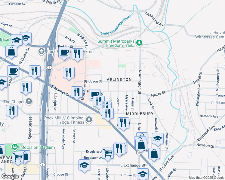 map of restaurants, bars, coffee shops, grocery stores, and more near 690 Hazel Street in Akron