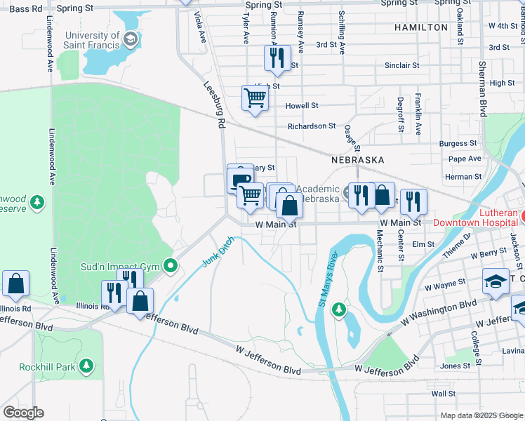 map of restaurants, bars, coffee shops, grocery stores, and more near 1906 West Main Street in Fort Wayne
