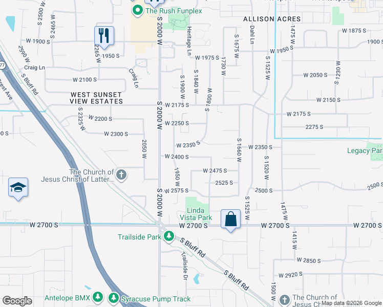 map of restaurants, bars, coffee shops, grocery stores, and more near 1860 W 2400 S in Syracuse