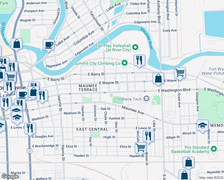 map of restaurants, bars, coffee shops, grocery stores, and more near 1201 East Washington Boulevard in Fort Wayne