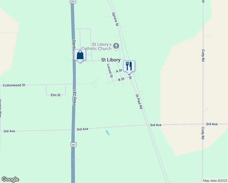 map of restaurants, bars, coffee shops, grocery stores, and more near 201 Maple Street in Saint Libory