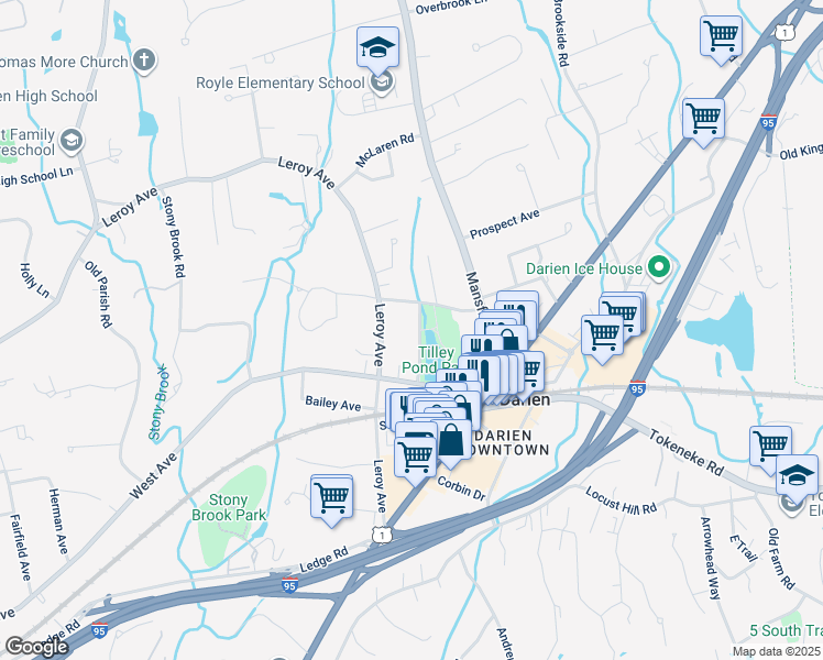 map of restaurants, bars, coffee shops, grocery stores, and more near 19 Lakeside Avenue in Darien