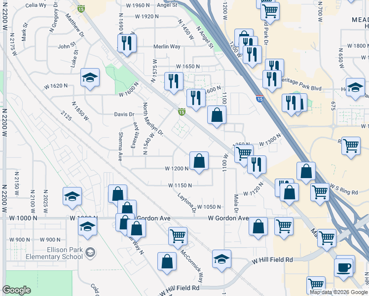 map of restaurants, bars, coffee shops, grocery stores, and more near 1358 North Marilyn Drive in Layton
