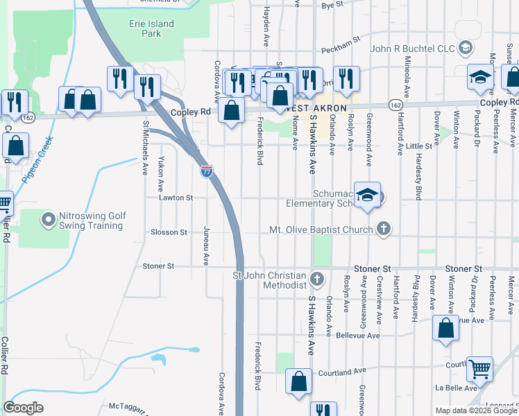 map of restaurants, bars, coffee shops, grocery stores, and more near 1099 Frederick Boulevard in Akron