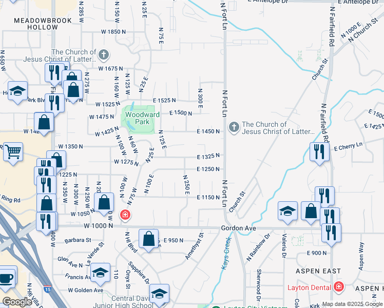 map of restaurants, bars, coffee shops, grocery stores, and more near 275 East 1325 North in Layton