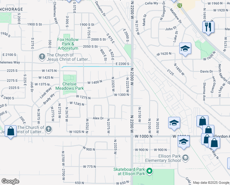 map of restaurants, bars, coffee shops, grocery stores, and more near 1304 North 2325 West in Layton