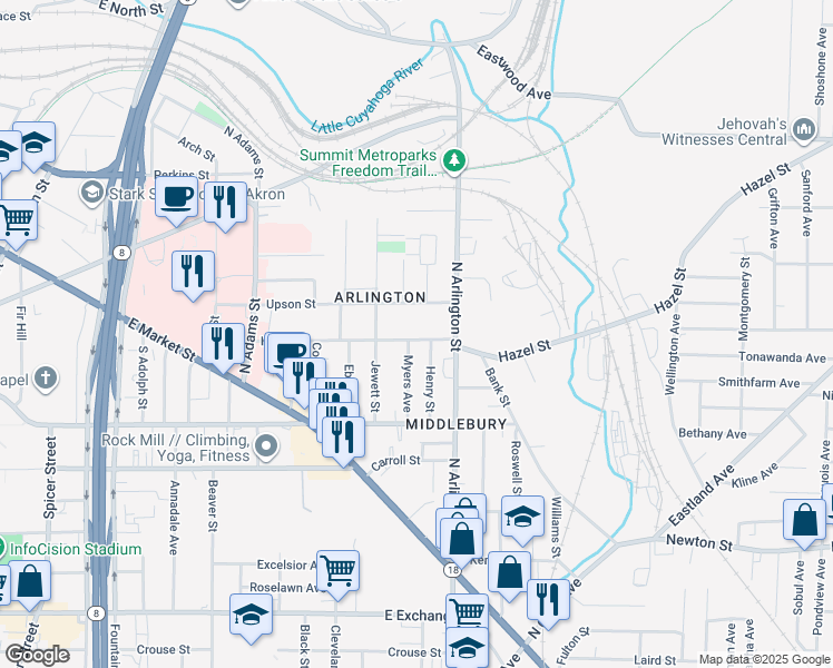 map of restaurants, bars, coffee shops, grocery stores, and more near 771 Hazel Street in Akron