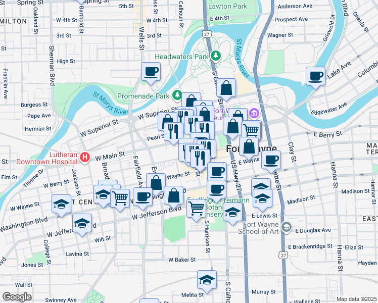 map of restaurants, bars, coffee shops, grocery stores, and more near 818 South Harrison Street in Fort Wayne