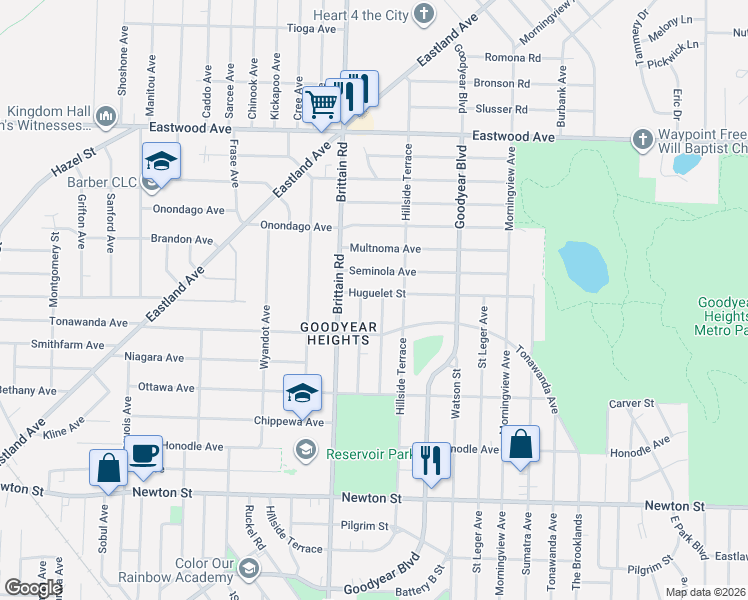 map of restaurants, bars, coffee shops, grocery stores, and more near 605 Melrose Street in Akron