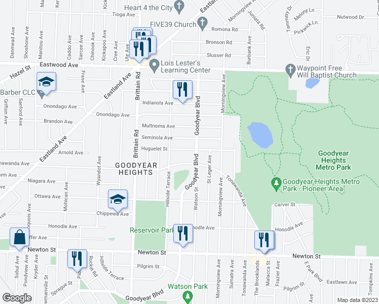 map of restaurants, bars, coffee shops, grocery stores, and more near 1562 Huguelet Street in Akron