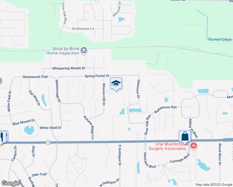 map of restaurants, bars, coffee shops, grocery stores, and more near 415 Mission Hill Drive in Fort Wayne