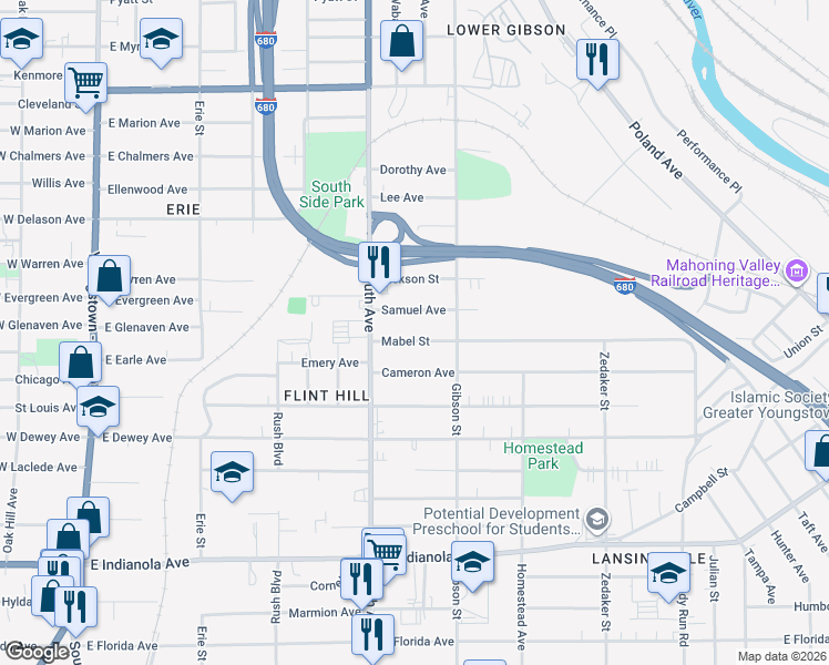 map of restaurants, bars, coffee shops, grocery stores, and more near 542 Mabel Street in Youngstown