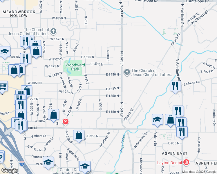 map of restaurants, bars, coffee shops, grocery stores, and more near 292 East 1325 North in Layton