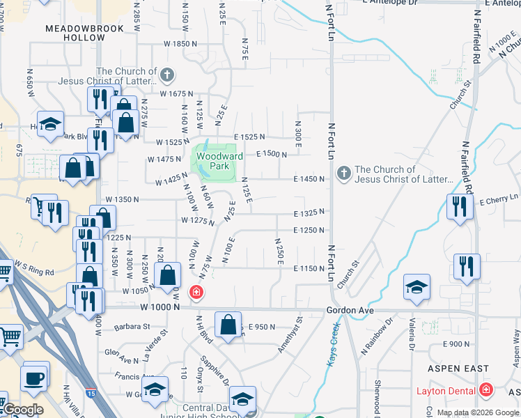 map of restaurants, bars, coffee shops, grocery stores, and more near 250 East 1325 North in Layton