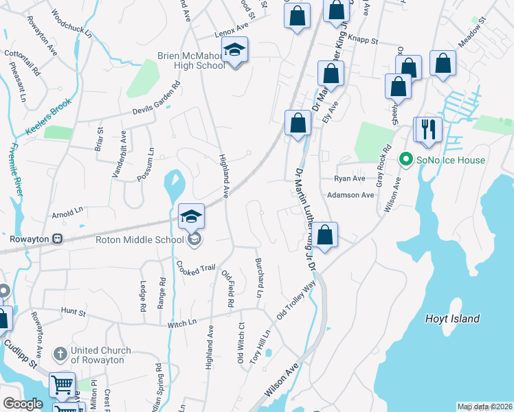 map of restaurants, bars, coffee shops, grocery stores, and more near 30 Burchard Lane in Norwalk