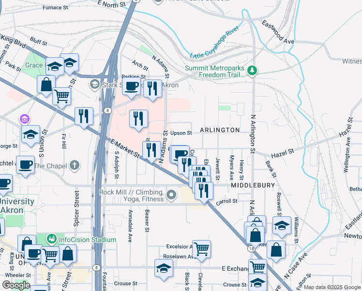 map of restaurants, bars, coffee shops, grocery stores, and more near 646 Hazel Street in Akron