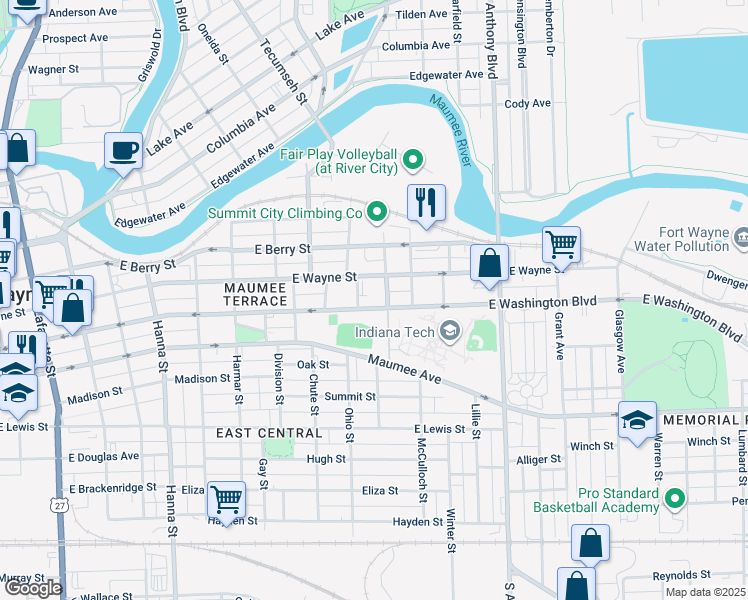 map of restaurants, bars, coffee shops, grocery stores, and more near 1300-1324 East Washington Boulevard in Fort Wayne