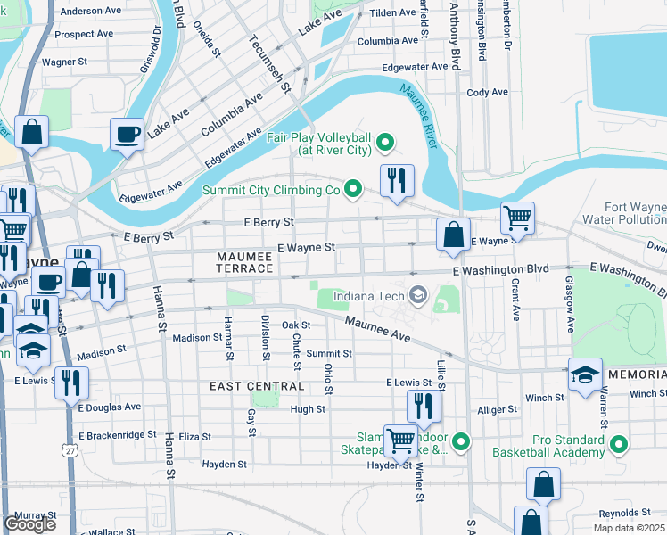 map of restaurants, bars, coffee shops, grocery stores, and more near 1300-1324 East Washington Boulevard in Fort Wayne