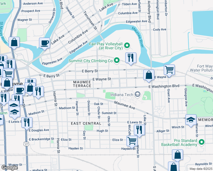map of restaurants, bars, coffee shops, grocery stores, and more near 1201 East Washington Boulevard in Fort Wayne