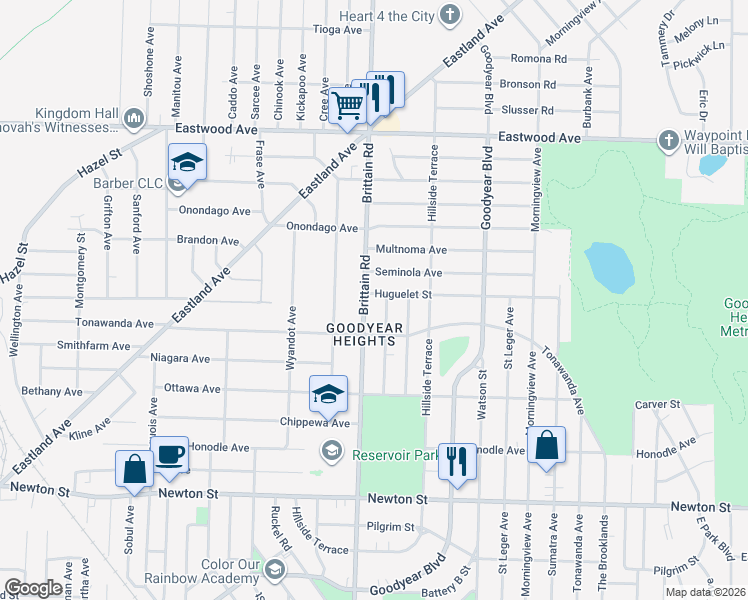 map of restaurants, bars, coffee shops, grocery stores, and more near 606 Lindell Street in Akron
