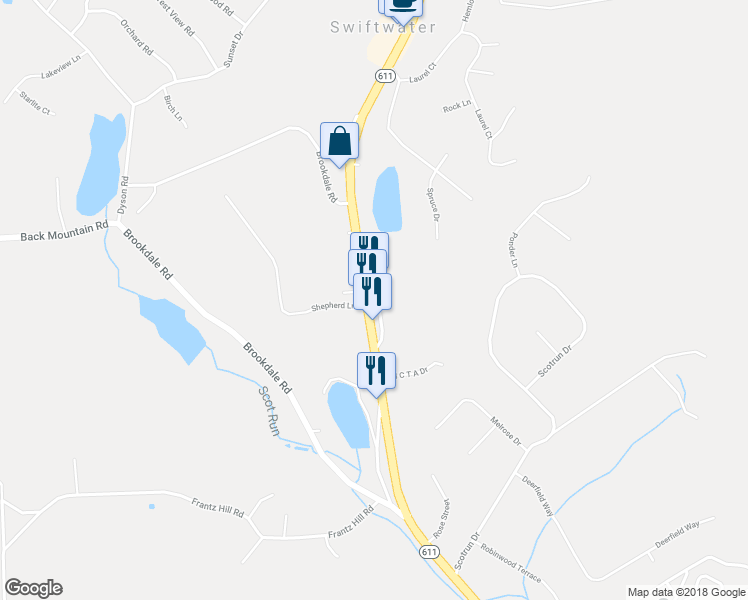 map of restaurants, bars, coffee shops, grocery stores, and more near 2185 Pennsylvania 611 in Swiftwater