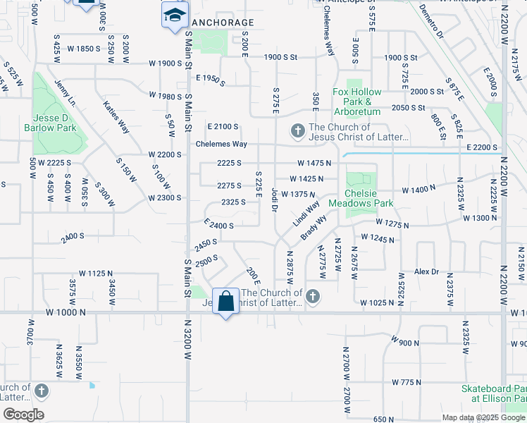 map of restaurants, bars, coffee shops, grocery stores, and more near 2357 South 225 East in Clearfield