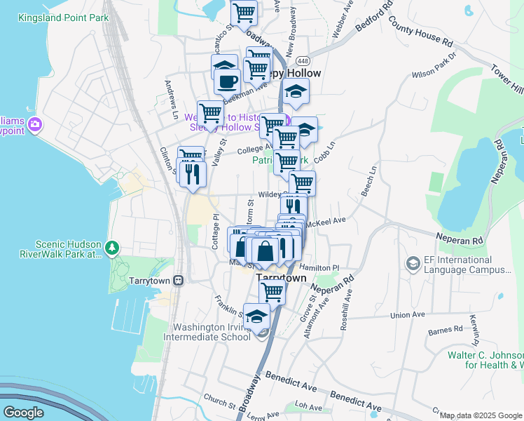 map of restaurants, bars, coffee shops, grocery stores, and more near 69 North Washington Street in Tarrytown