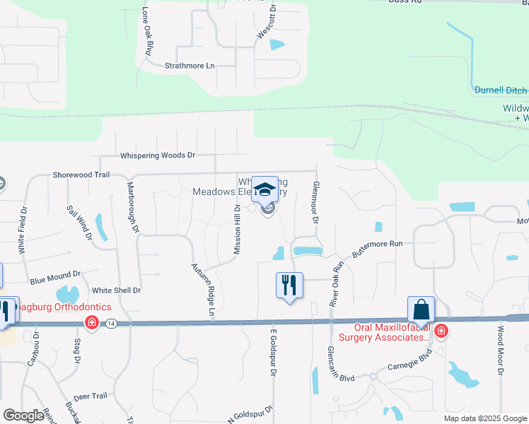 map of restaurants, bars, coffee shops, grocery stores, and more near 415 Mission Hill Drive in Fort Wayne