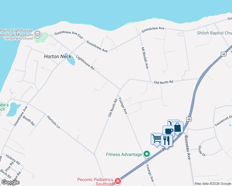 map of restaurants, bars, coffee shops, grocery stores, and more near 2395 Old North Road in Southold