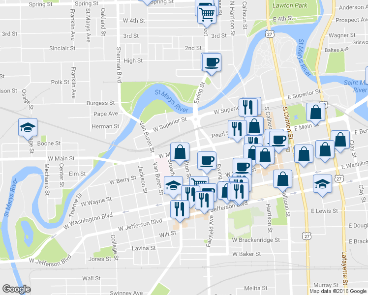 map of restaurants, bars, coffee shops, grocery stores, and more near 536 W Main St in Fort Wayne