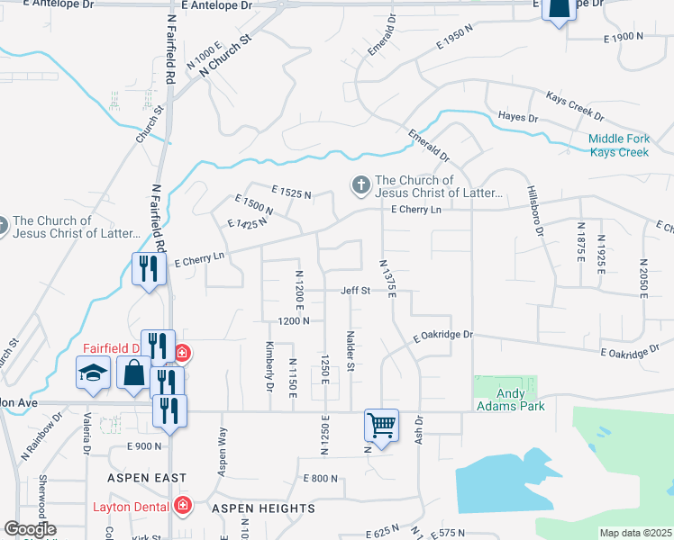 map of restaurants, bars, coffee shops, grocery stores, and more near South Lisa Street in Layton