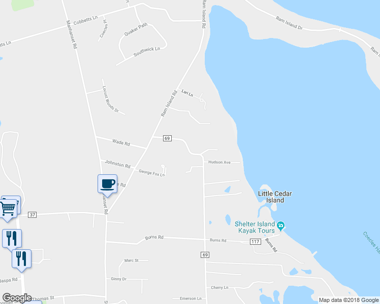 map of restaurants, bars, coffee shops, grocery stores, and more near 74 North Cartwright Road in Shelter Island
