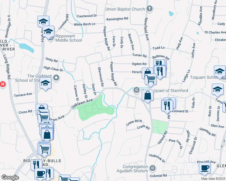 map of restaurants, bars, coffee shops, grocery stores, and more near 14 Vanech Drive in Stamford