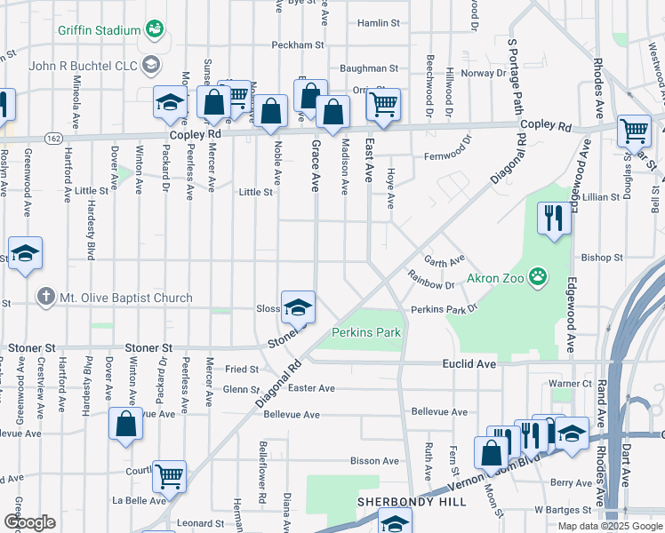 map of restaurants, bars, coffee shops, grocery stores, and more near 701 Grace Avenue in Akron