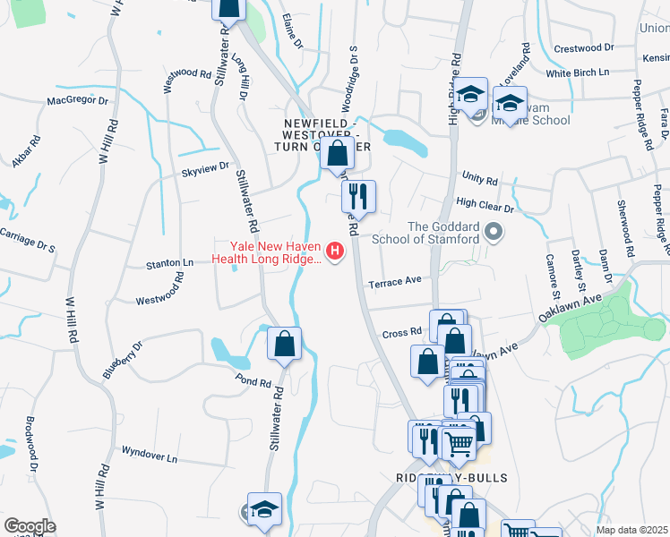 map of restaurants, bars, coffee shops, grocery stores, and more near 260 Long Ridge Road in Stamford