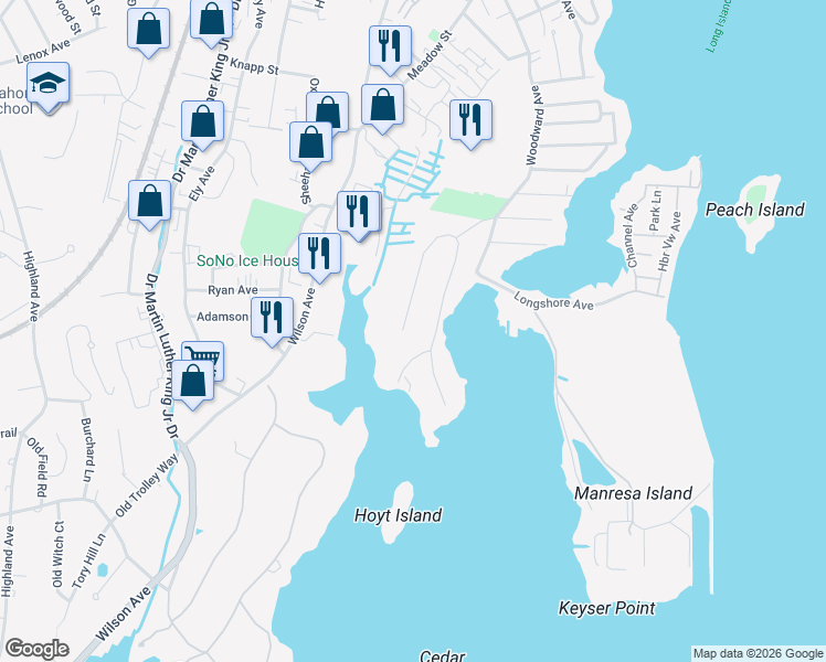 map of restaurants, bars, coffee shops, grocery stores, and more near 30 Dock Road in Norwalk