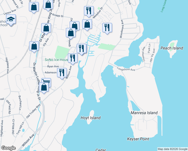 map of restaurants, bars, coffee shops, grocery stores, and more near 30 Dock Road in Norwalk