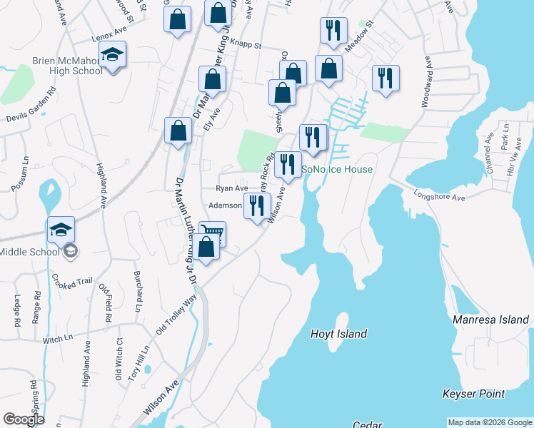 map of restaurants, bars, coffee shops, grocery stores, and more near 263 Wilson Avenue in Norwalk
