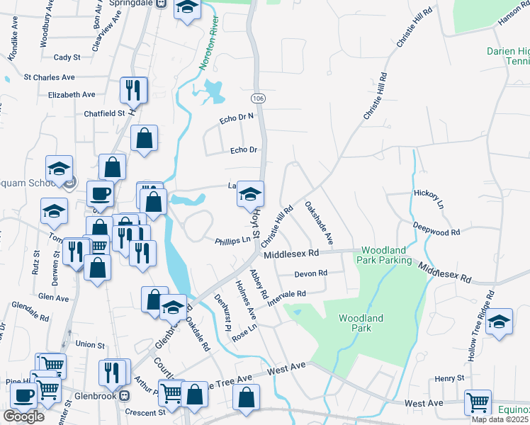 map of restaurants, bars, coffee shops, grocery stores, and more near 15 Connecticut 106 in Darien