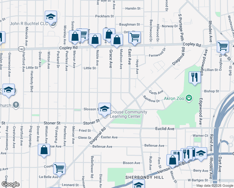map of restaurants, bars, coffee shops, grocery stores, and more near 701 Grace Avenue in Akron