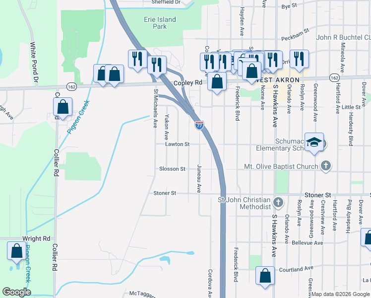 map of restaurants, bars, coffee shops, grocery stores, and more near 1145 Himelright Boulevard in Akron