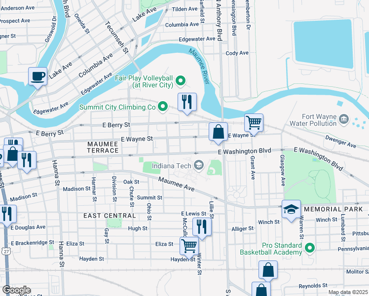 map of restaurants, bars, coffee shops, grocery stores, and more near 1500-1596 E Washington Blvd in Fort Wayne
