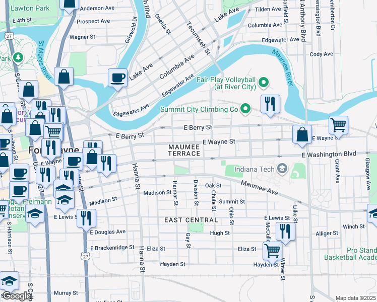 map of restaurants, bars, coffee shops, grocery stores, and more near 936 East Washington Boulevard in Fort Wayne