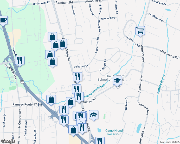 map of restaurants, bars, coffee shops, grocery stores, and more near 260 Indian Hollow Court in Mahwah